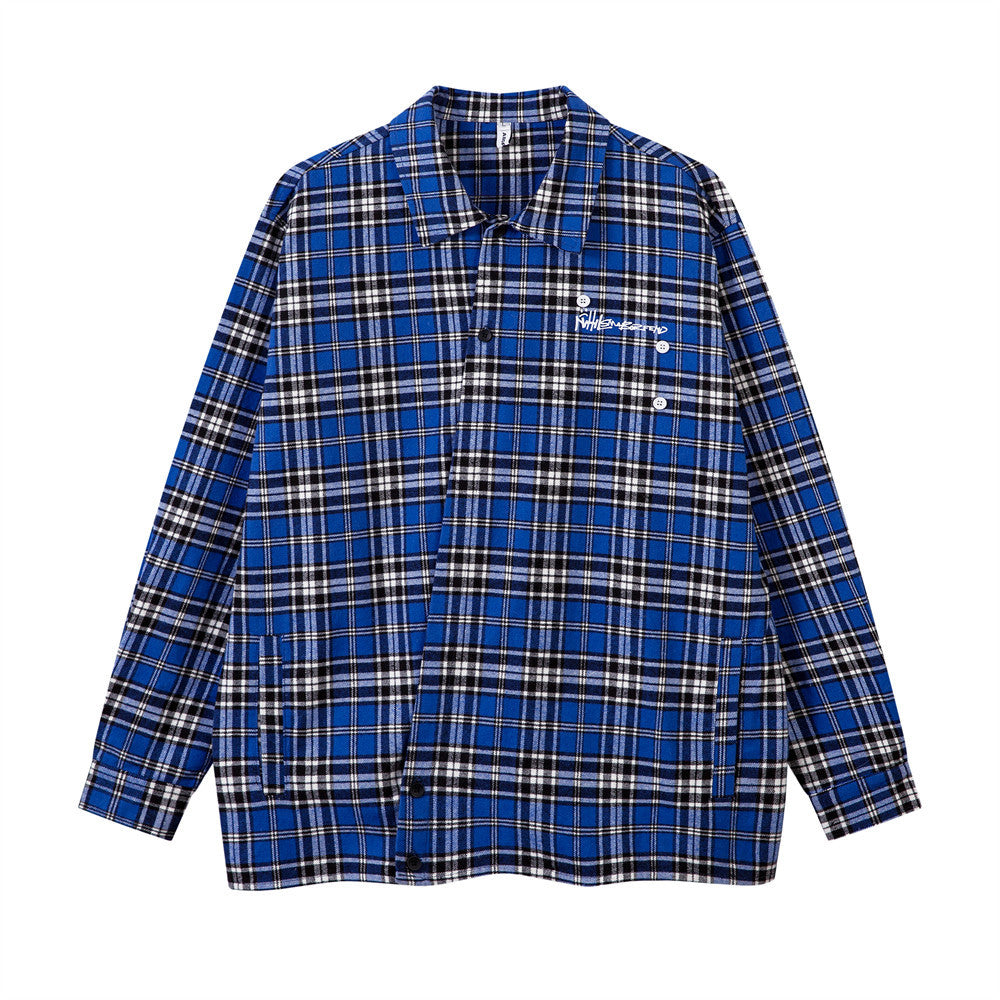 Embroidered Button Plaid Long-sleeved Shirt For Boys