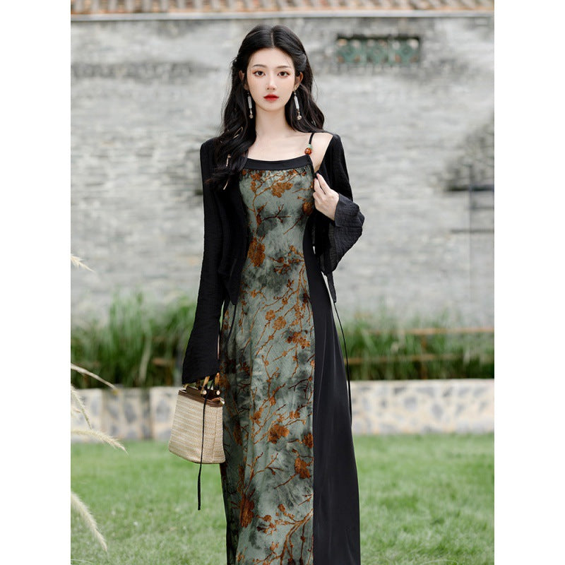 Retro National Style Beautiful Printed Tie-dye Dress Women's Two-piece Set