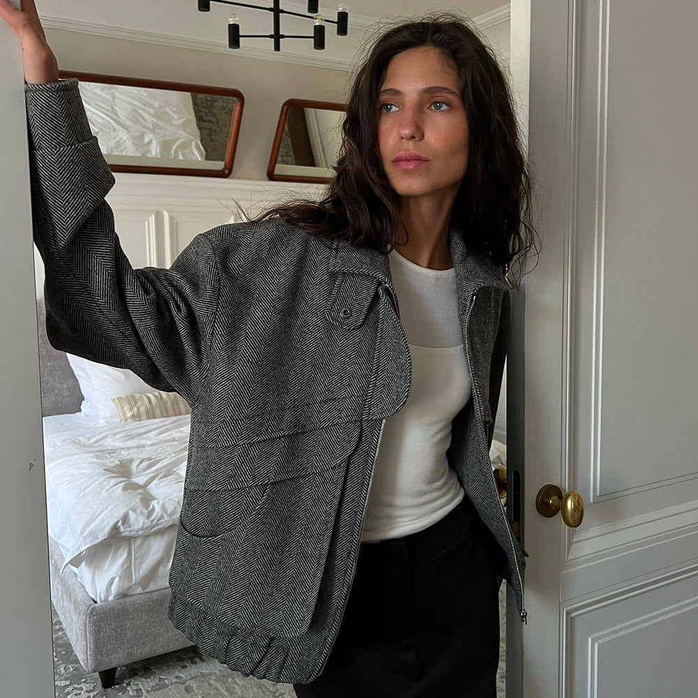 Stand-up Collar Jacket Zipper Top With Pockets Loose Woolen Coat