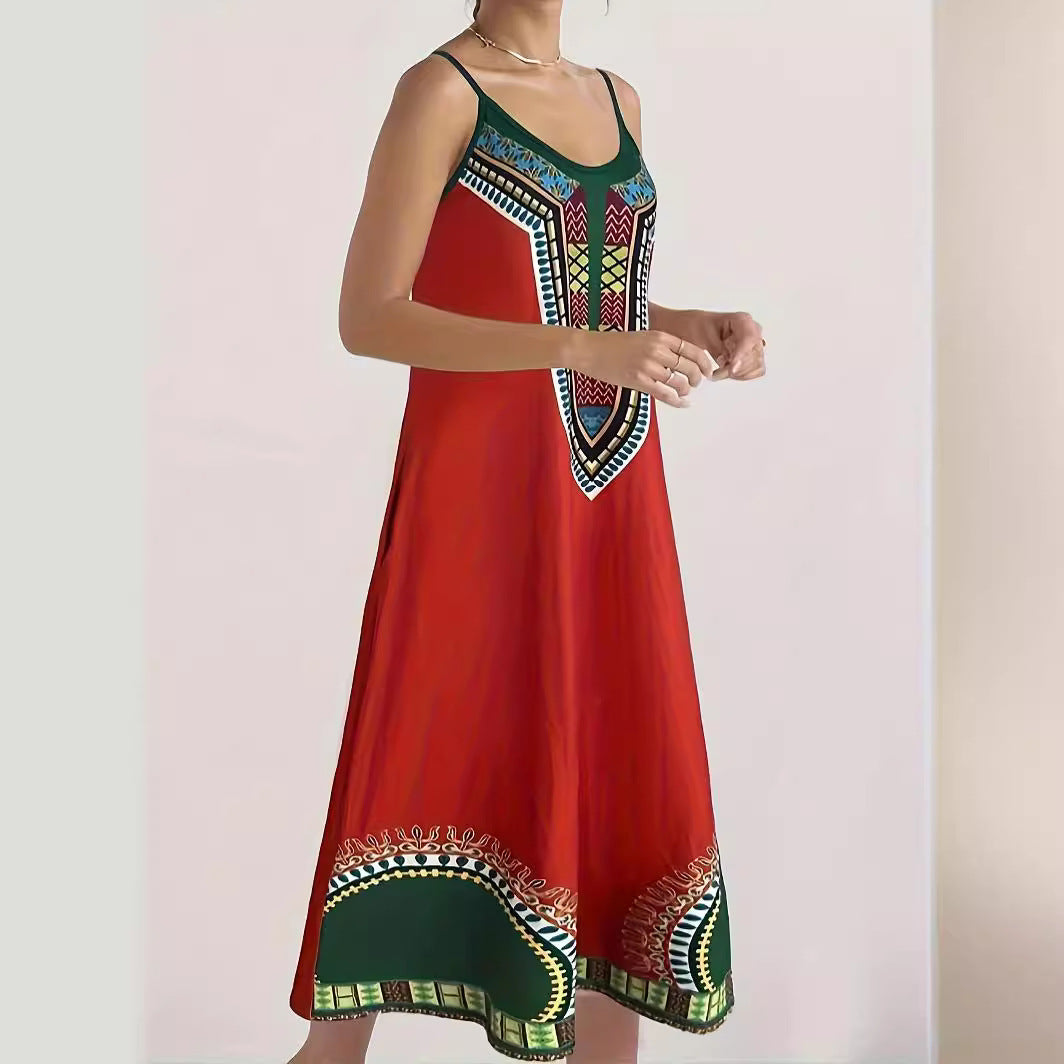 V-neck Strap Long Digital Printing Ladies Dress