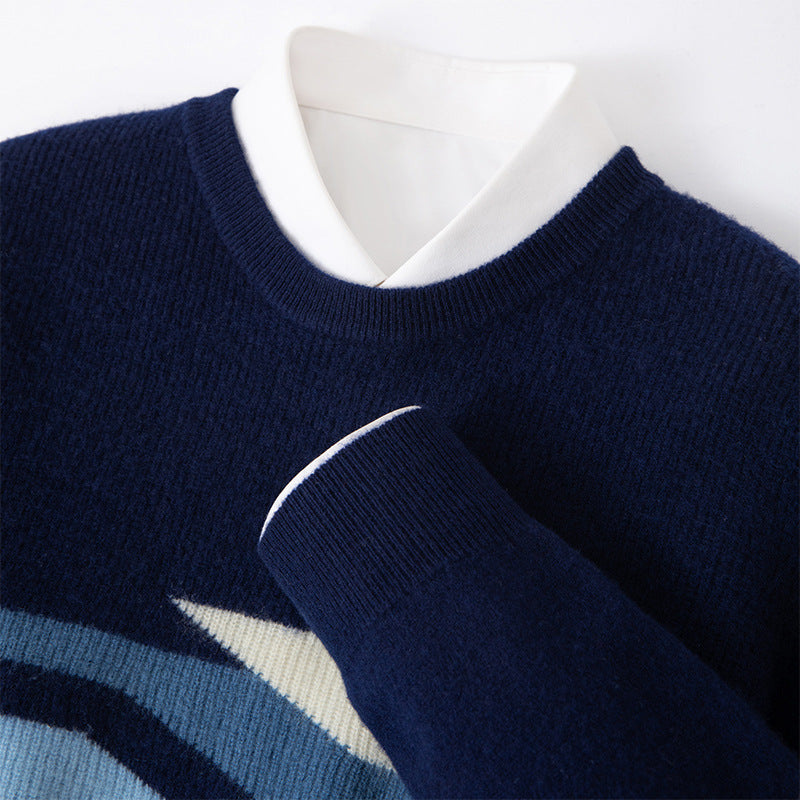 Autumn And Winter Round Neck Woolen Sweater Men's Contrasting Color Jacquard Inner Wear Sweater