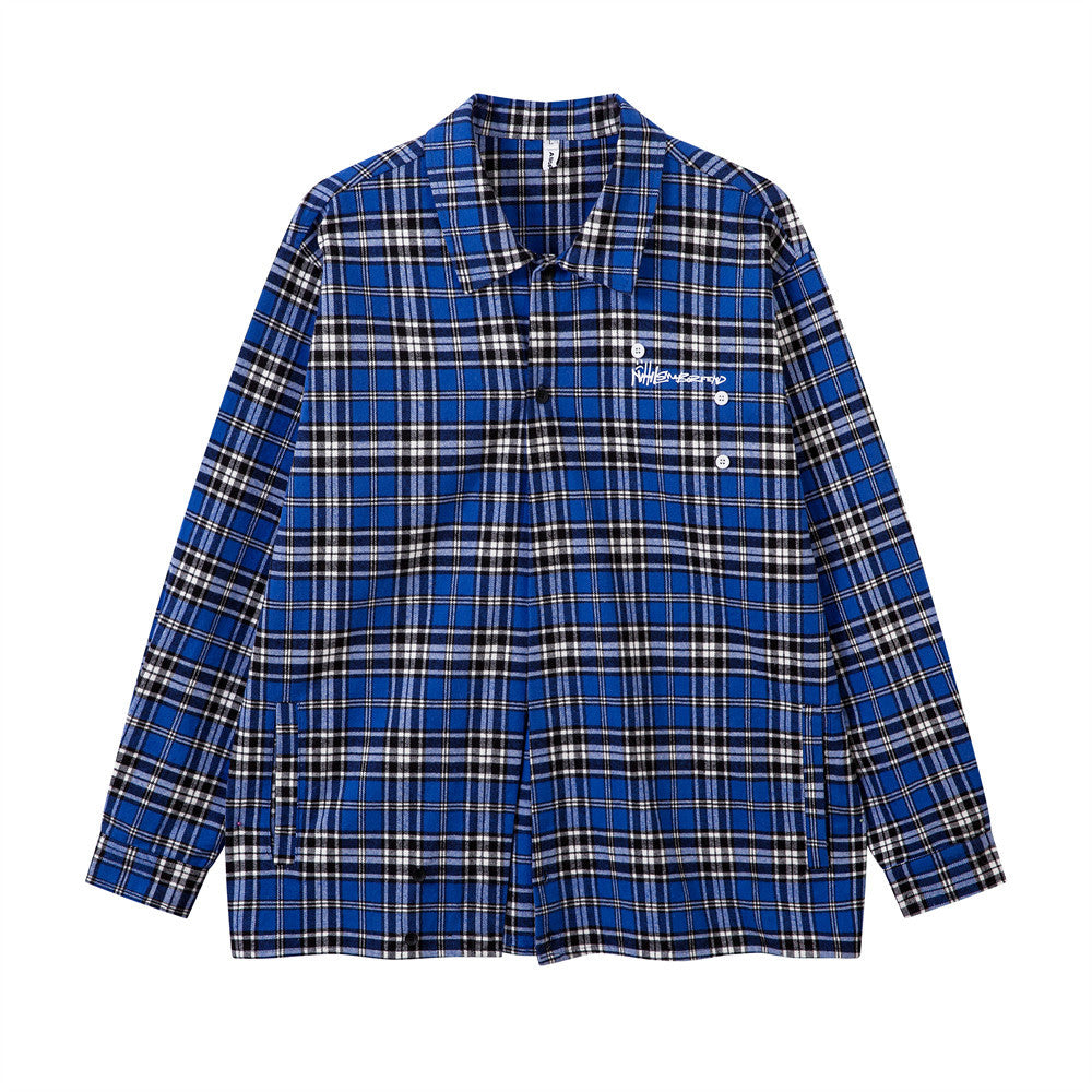 Embroidered Button Plaid Long-sleeved Shirt For Boys