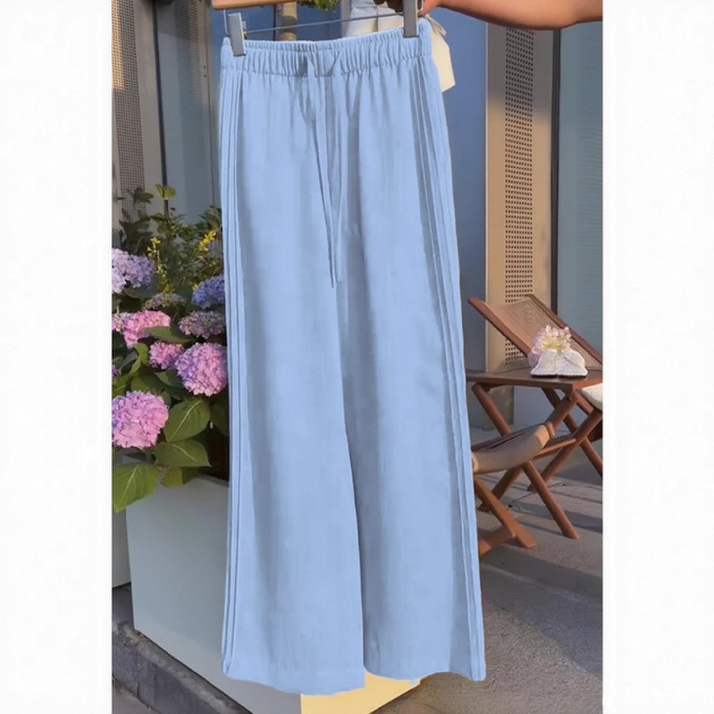 Ladies New Holiday Leisure Pure Color All-matching Drawstring Button Straight-leg Wide-leg Pants