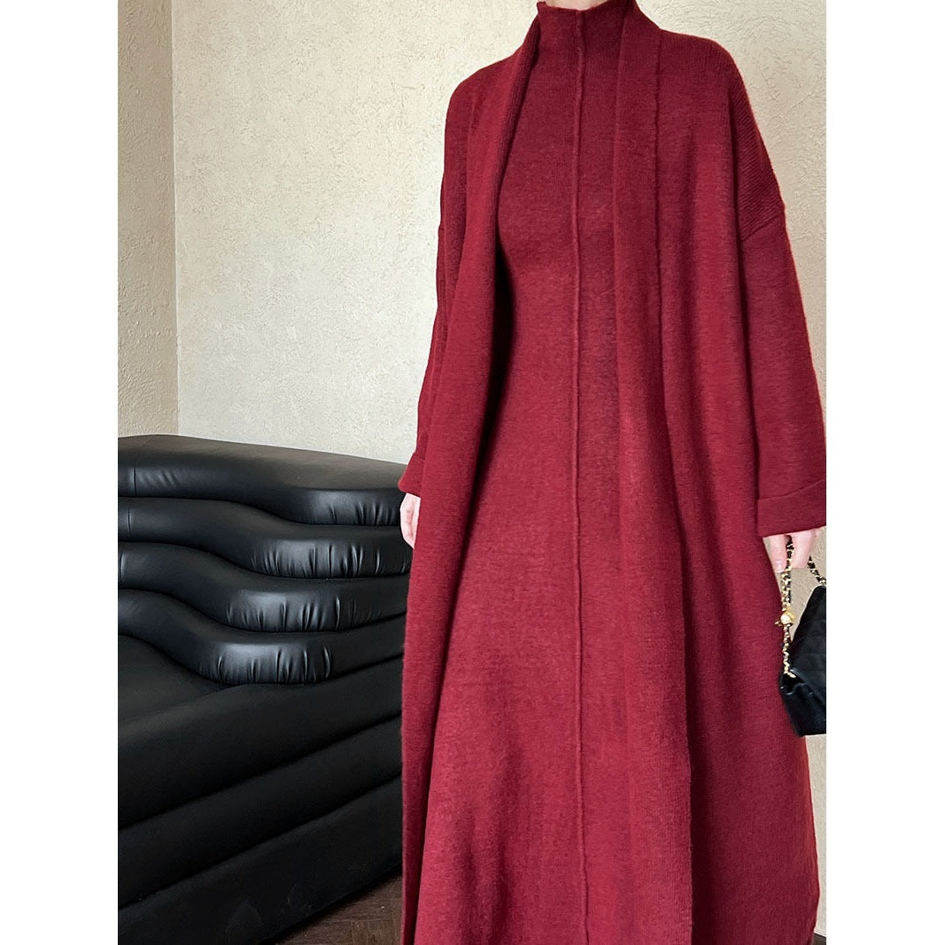 Women's Long Warm Sleeveless Turtleneck Dress Two-piece Set