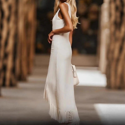 European And American-style Casual Retro Brown Embroidered White Denim Sleeveless Mid-length Skirt With Tassels