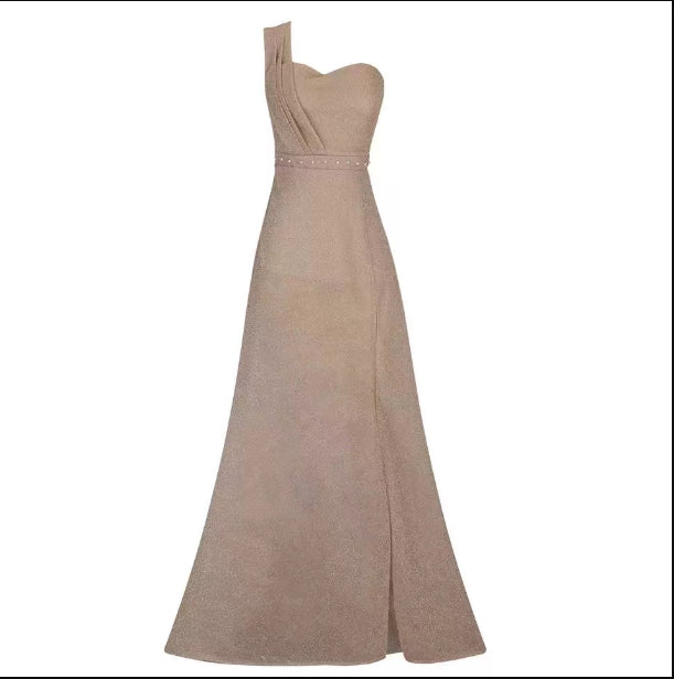Abito monospalla senza maniche con spacco bronzato da donna