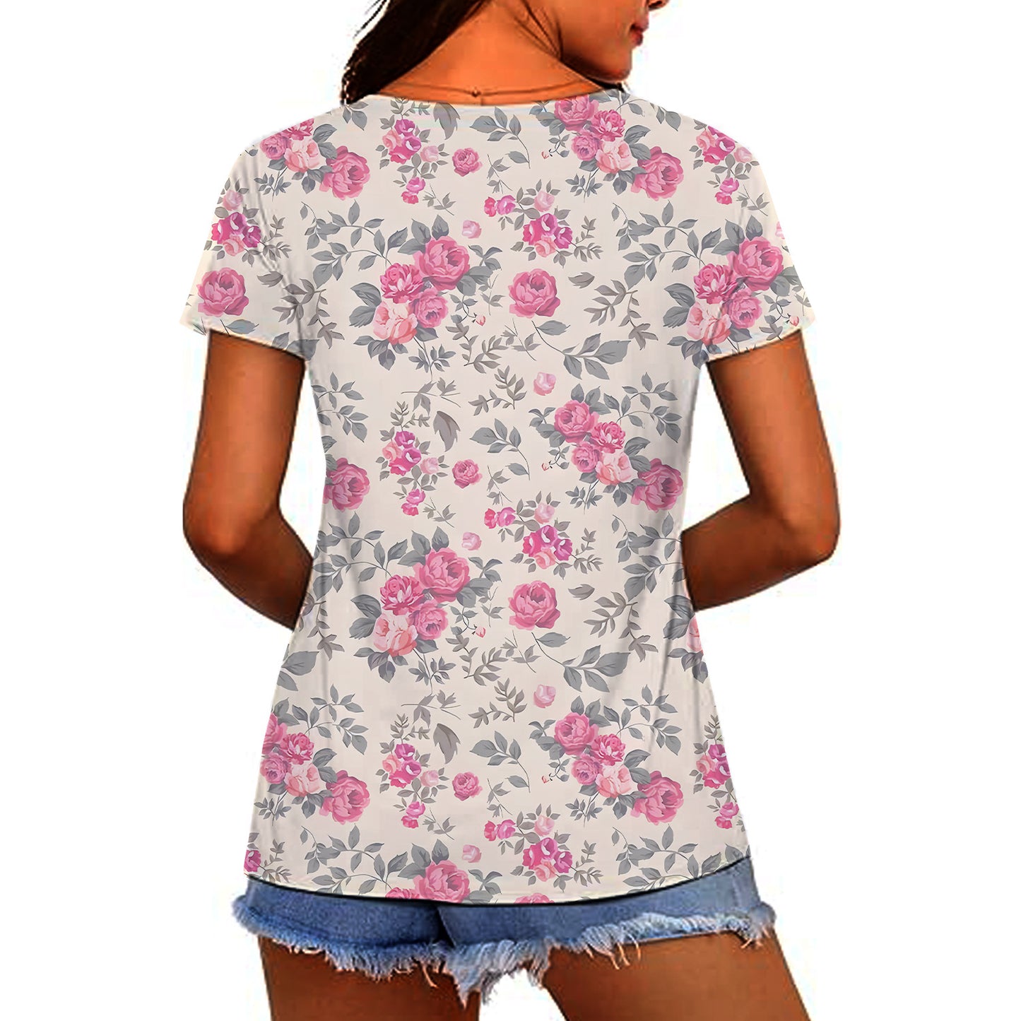 T-shirt da donna, stampa floreale e botanica, maniche corte scollo a V casual