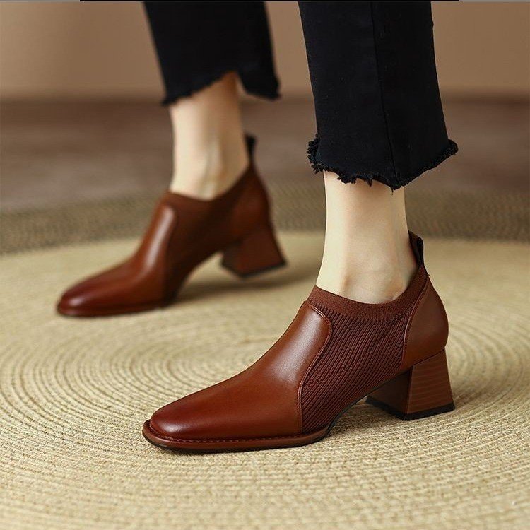 Women's Spring And Autumn Square Toe Knitted Chunky Heel High Heels