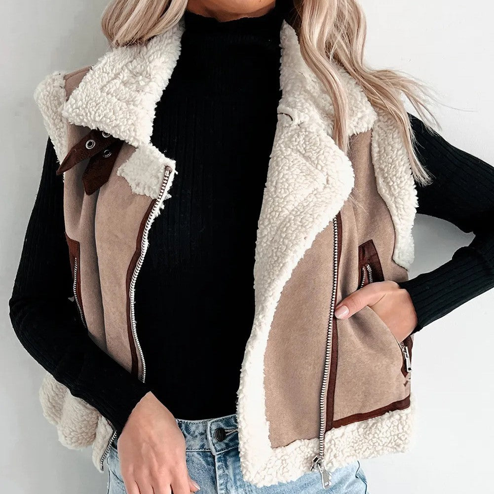 Dark Khaki Sherpa Lined Faux Suede Lapel Collar Vest