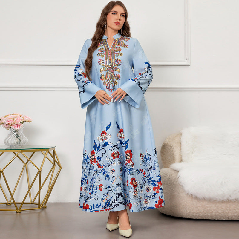 Womens Long-sleeve Printed And Embroidered Dress