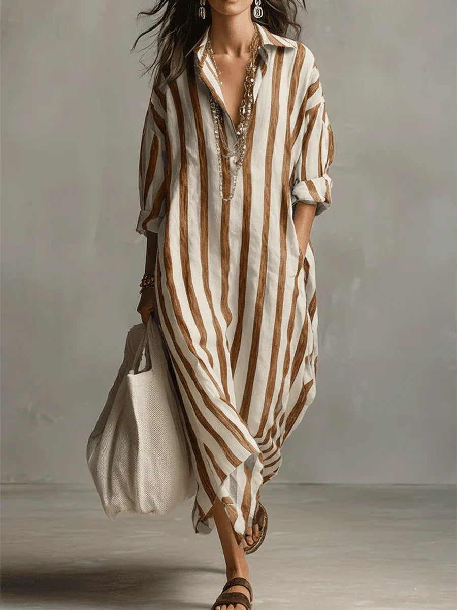 Loose V-neck Long Striped Shirt Dress
