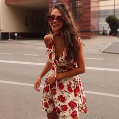 Fashionable Halterneck Backless Dress With A Rose Print