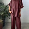 2pcs Women Solid Color Crew Neck Short Sleeve Top And Long Pants Casual Outfit