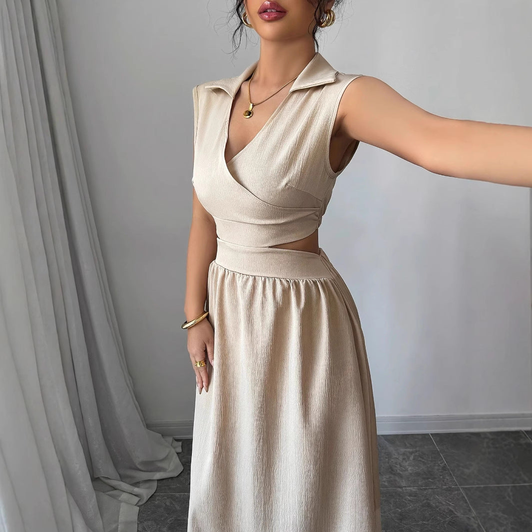 Nuovo vestito in stile francese con scollo a V, linea ad A e senza maniche