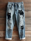 New Fashion Digital-print Denim Straight-leg Pants