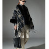 Plaid Navy Blue Fur Collar Shawl Warm