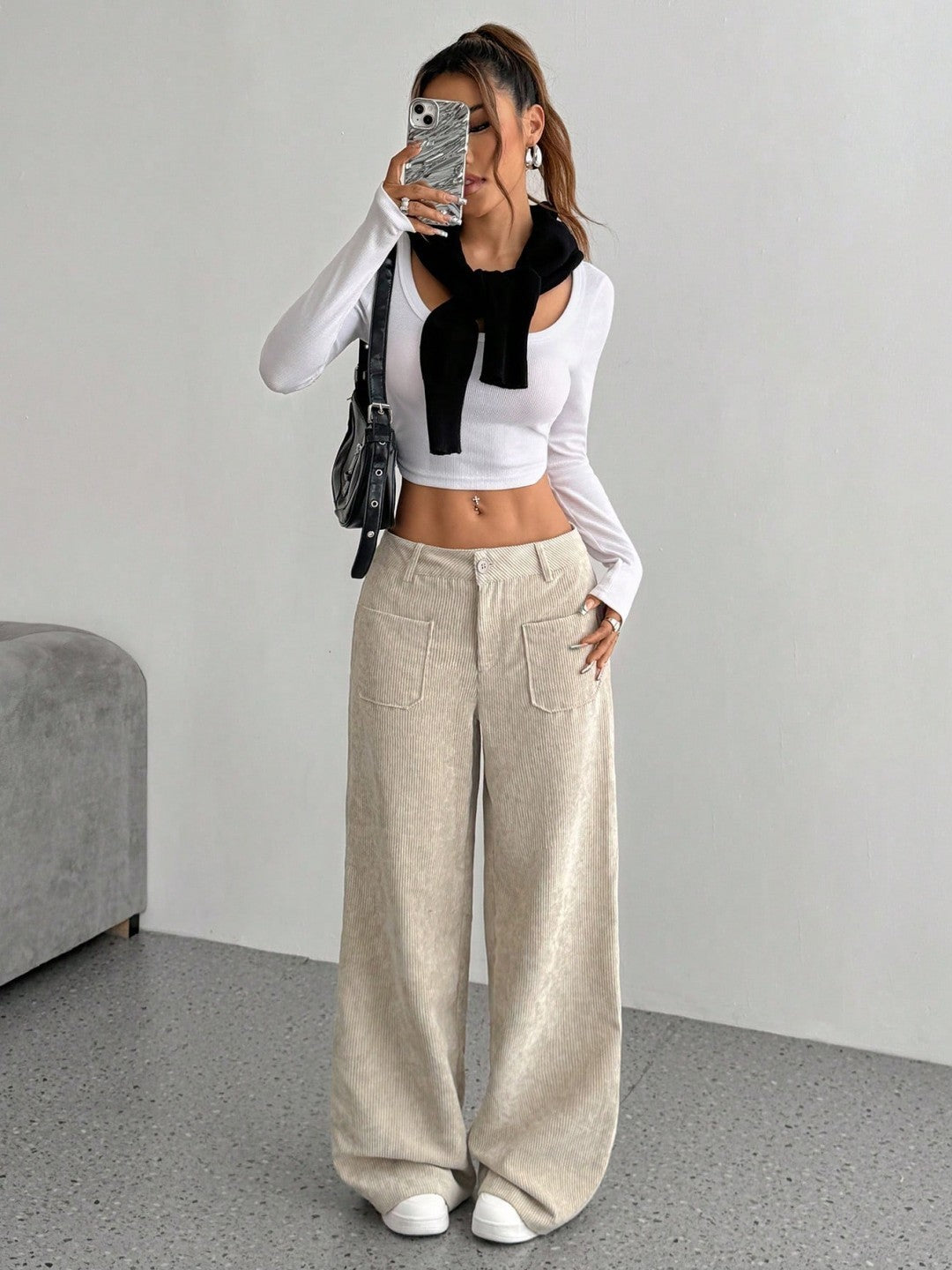 Casual Women's Front And Back Pockets Loose Solid Color Pockets Mopping Wide Leg Pants