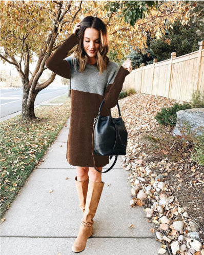 Women's Sweater Patchwork Skirt Loose Round Neck Long Sleeve