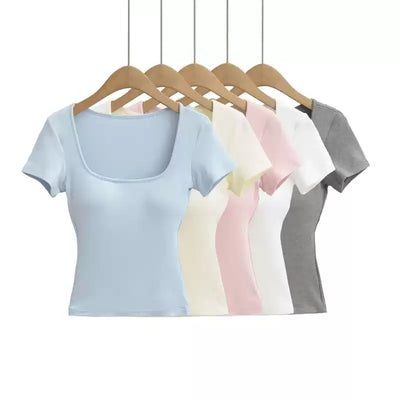 T-shirt tinta unita scollo quadrato maniche corte con coppe integrate
