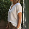 Top a maniche corte comodo ed elegante con scollo a V, abbinabile a tutto