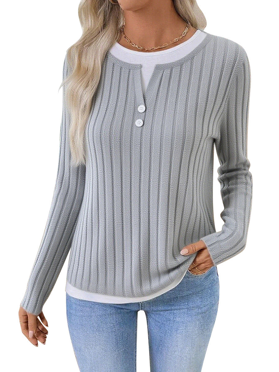 Women's Fake Two-piece Round Neck Button Pullover Grinding Sweater