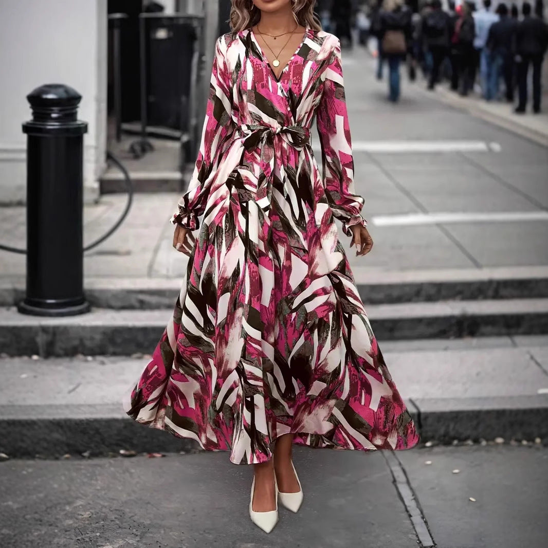 V-neck Printed Waist-controlled Lace-up Bohemian Dress