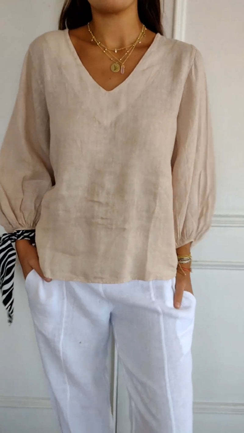T-shirt da donna a maniche lunghe con scollo a V a tinta unita
