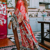 Coral-red Crane-and-flower Kimono Dress With Red Floral Accentssun-protective Cardigan-style Vacation Dress