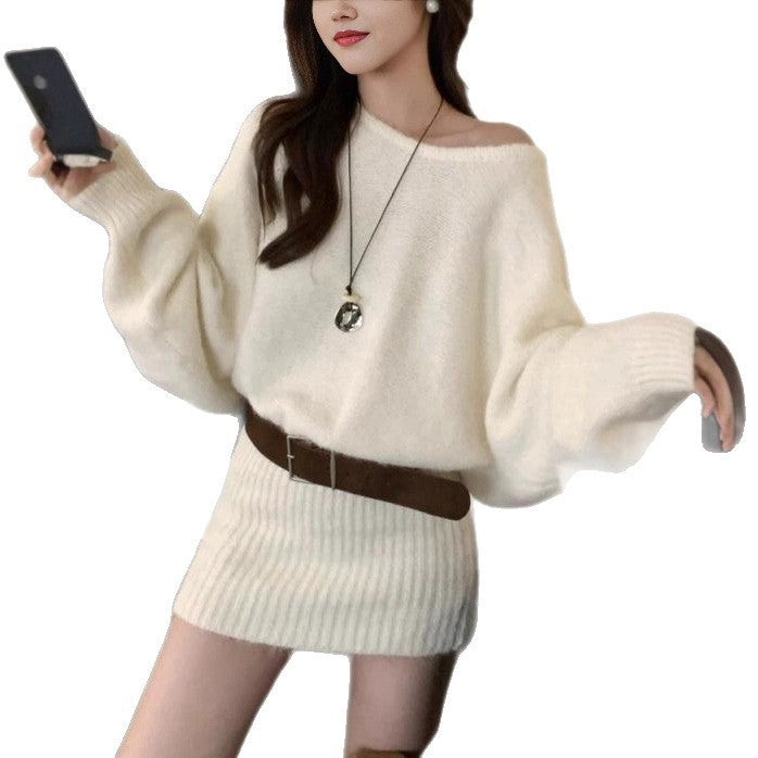 Off-shoulder Loose-fitting Women's Sweater Skirt Casual Knitted Top