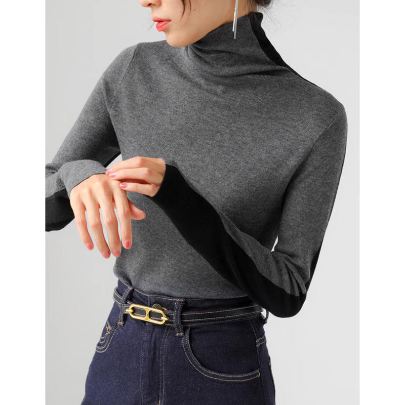Two-tone High Neck Inner Wear Front And Back Color Matching Sweater Bottoming Shirt Blue