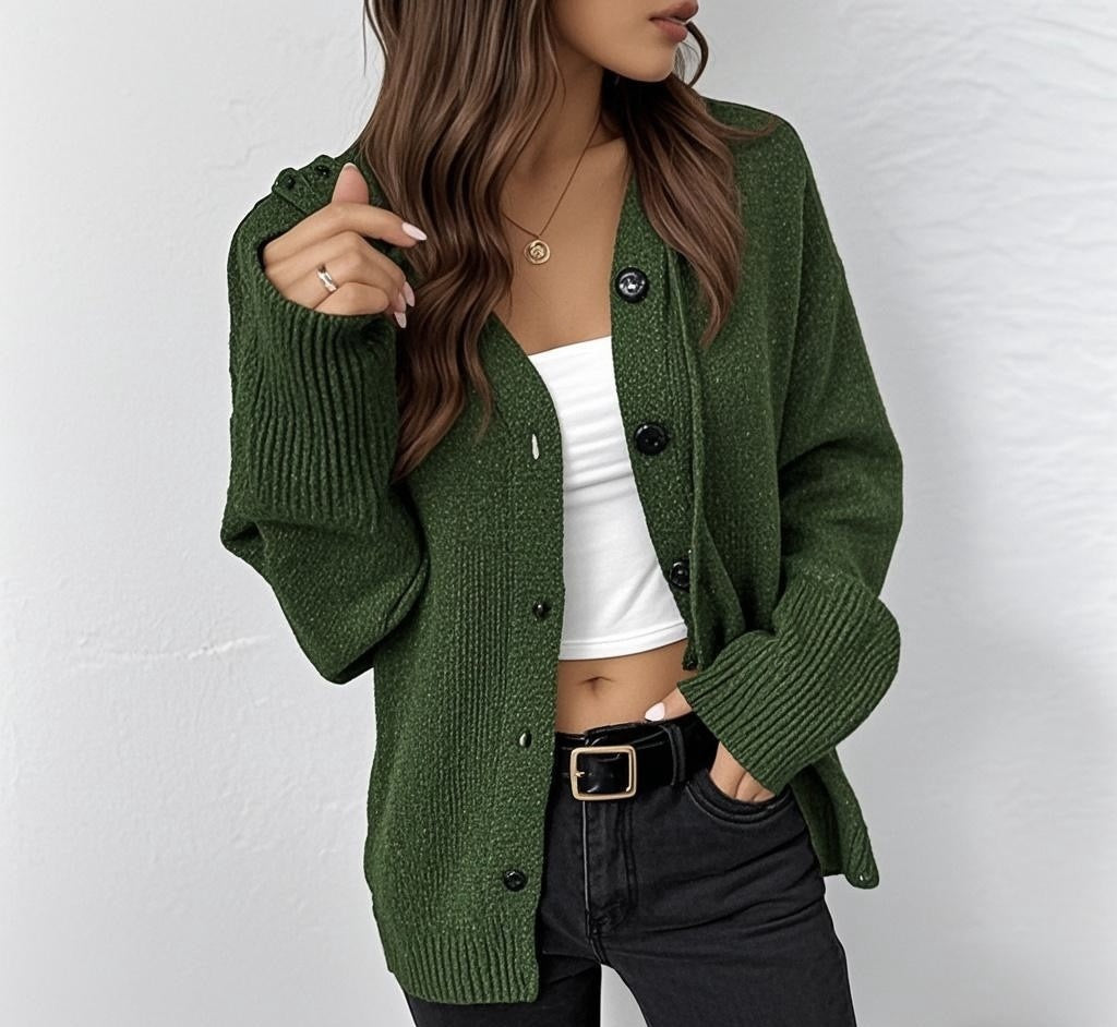 Women's Drawstring Knitted Solid Color Hooded Single-breasted Sweater