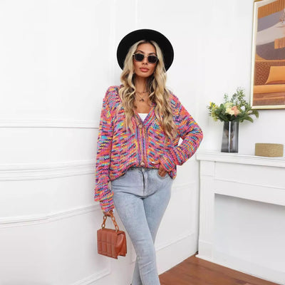Rainbow Mixed Color Festival Dyed Short Cardigan Knitted Coat