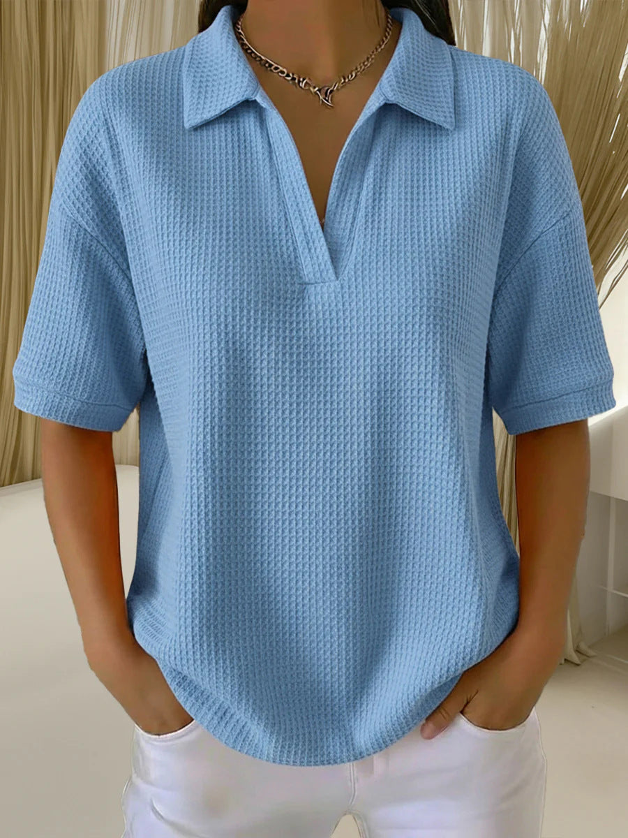 V Neck Waffle Knit Solid Color Loose Fitting Pullover Top