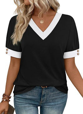 Top smanicato con scollo a V, abbinabile, abbottonato, a maniche corte, a contrasto di colore