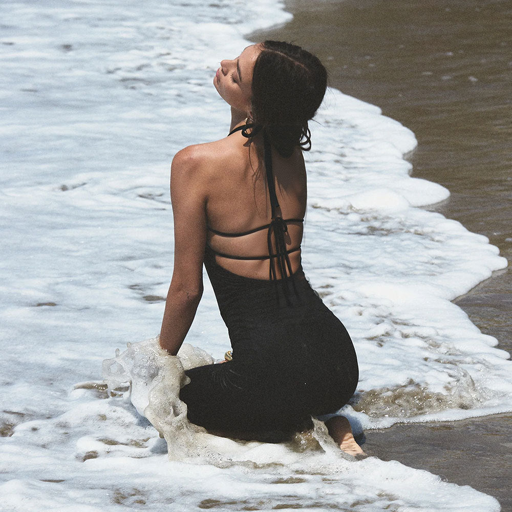 Womens Solid-Color Backless Hollow-Out Halter Dress