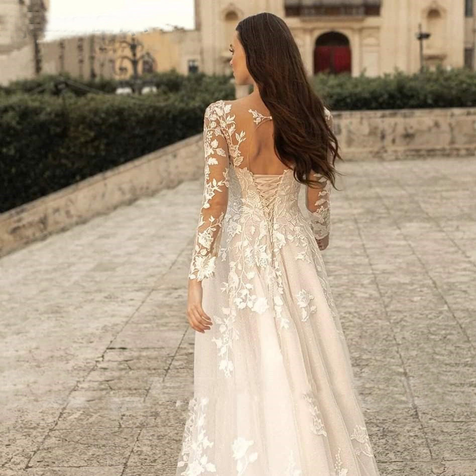 Abito da sposa a maniche lunghe Stile Mori Abito da sposa semplice girocollo