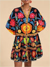 Floral Print Short Bohemian Beach Long Sleeve Button-down Flowy Blouse Dress