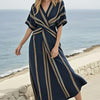 Summer Vacation V-Neck Womens Short-Sleeve Pleated Maxi Dress