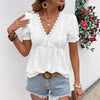 Top t-shirt da donna casual tinta unita scollo a V con pizzo