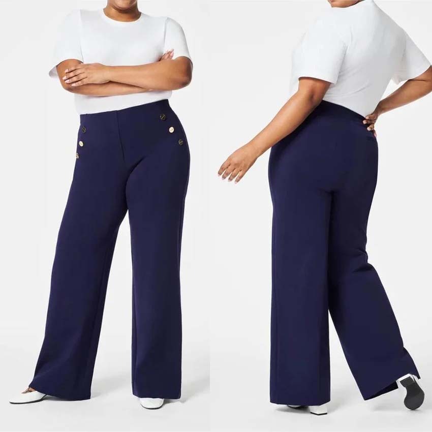 Women's Loose Plus Size Casual Wide Leg Straight Pants High Elastic Button Trousers