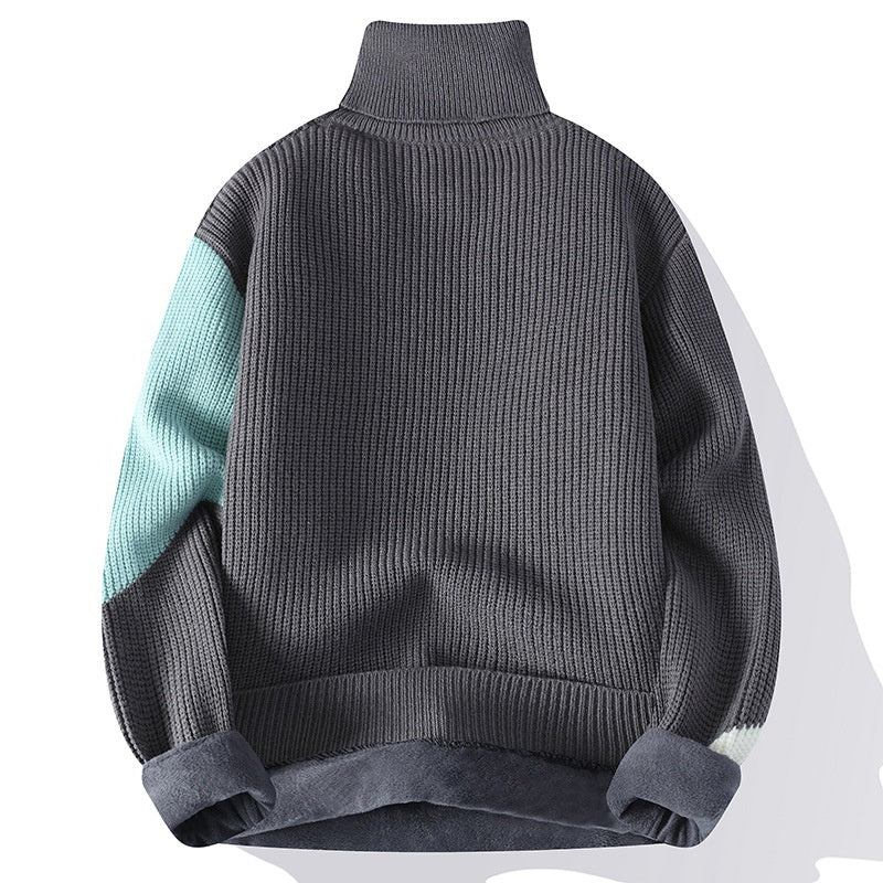 Contrast Color Turtleneck Men's Fleece-lined Knitting Bottoming Loose Sweater