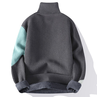 Contrast Color Turtleneck Men's Fleece-lined Knitting Bottoming Loose Sweater
