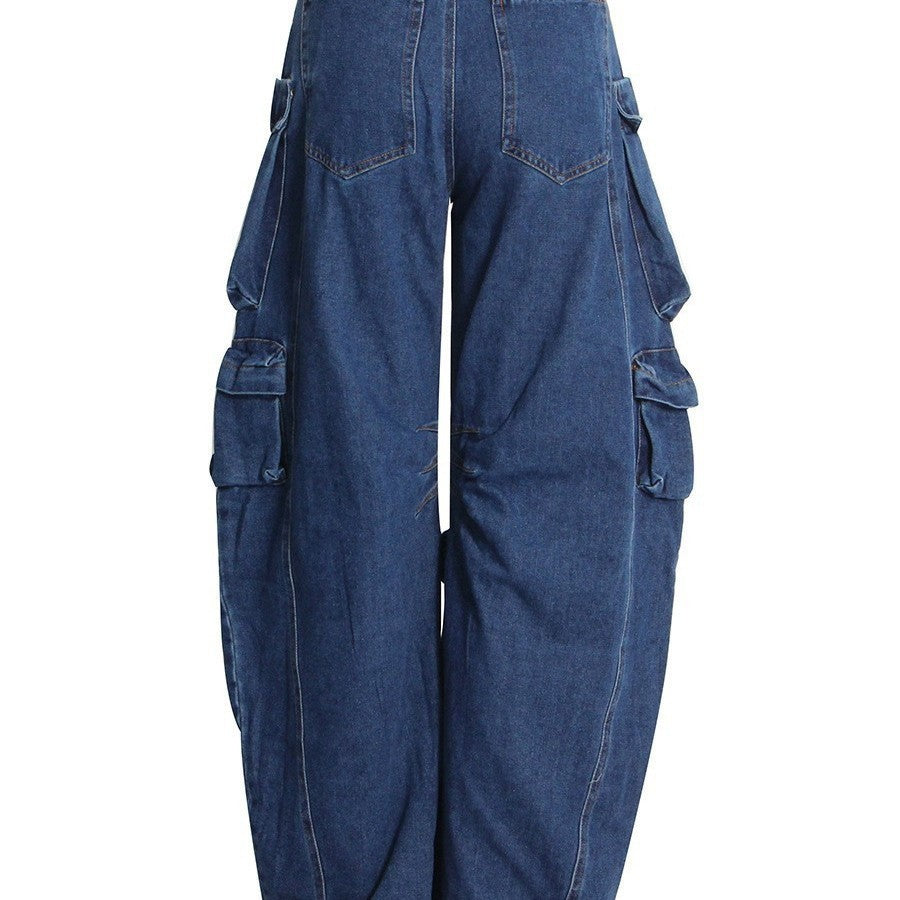 Distressed Wide-leg Workwear High Waist Multi-pocket Jeans