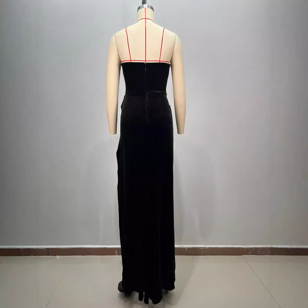 Abito lungo da donna nero a fascia aderente con strass a caldo