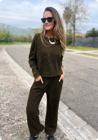 Women's Casual All-matching Lace-up Crew Neck Long Sleeve Blouse And Pants