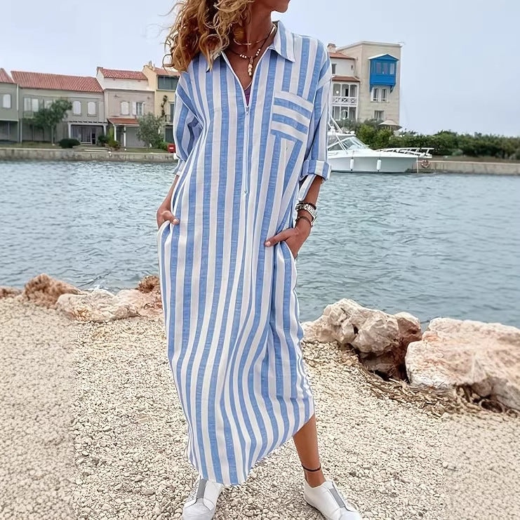 Womens Elegant Casual Loose-Fit Striped Long Shirt Dress