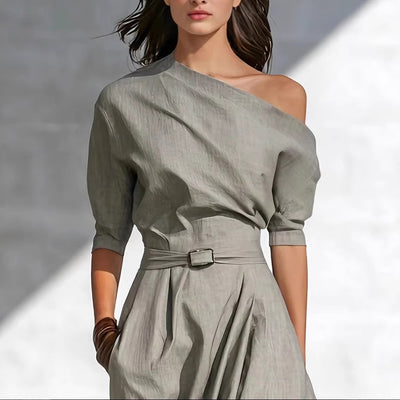 Slanted Shoulder Waist Long Dress