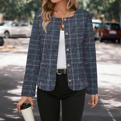 Elegant Plaid Woolen Pocket Women's Jacket