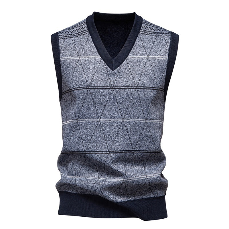 Autumn And Winter Fleece-lined Casual Dad's Diamond Vest Pullover