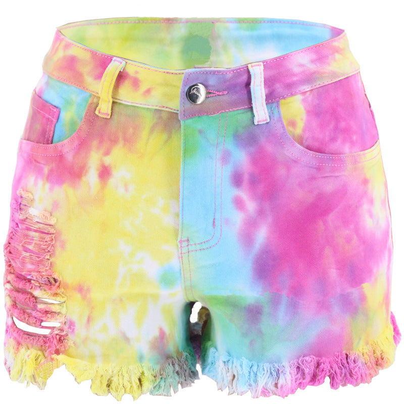 Shorts di Jeans Donna Strappati Tinti a Vita Alta ed Alta Elasticità